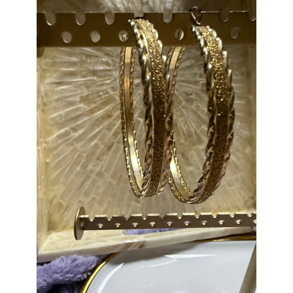 Gold Tone Textured Twist Hoop Earrings 2.5” Statement Hoops
